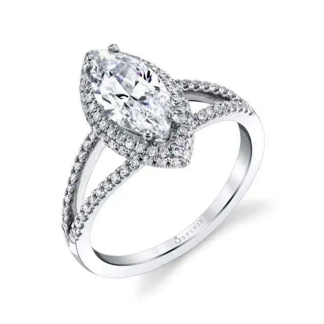 White Gold Marquise Shaped Engagement Ring with Split Shank