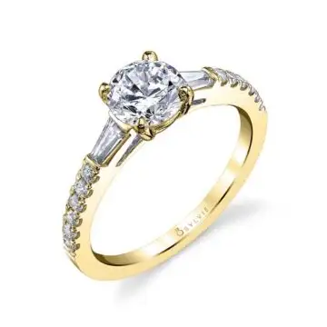 White Gold Round Cut Three Stone Engagement Ring with Baguettes - Leigh Ann