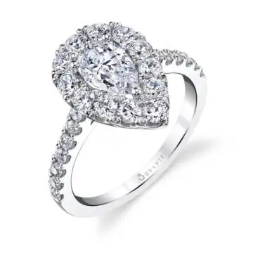 White Gold Pear Shaped Classic Halo Engagement Ring - Olivia