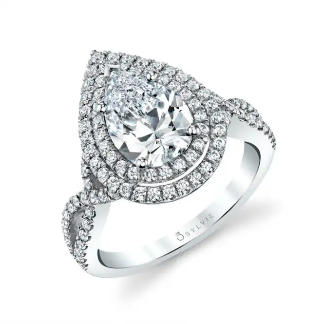 White Gold Oval Cut Double Halo Split Shank Engagement Ring Profile View