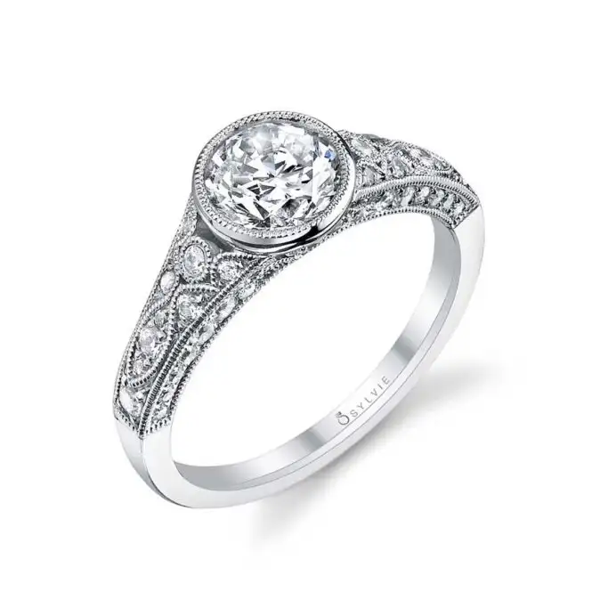 White Gold Round Cut Modern Vintage Bezel Engagement Ring