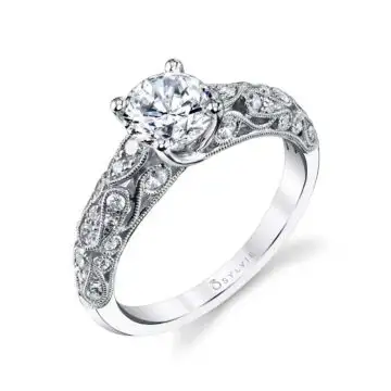 White Gold Round Cut Modern Vintage Engagement Ring - Louise