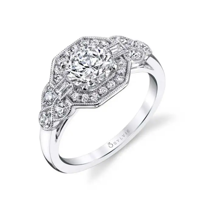 White Gold Round Cut Modern Vintage Engagement Ring Profile View