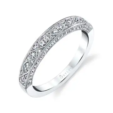 White Gold Round Cut Vintage Inspired Wedding Band - Elodie