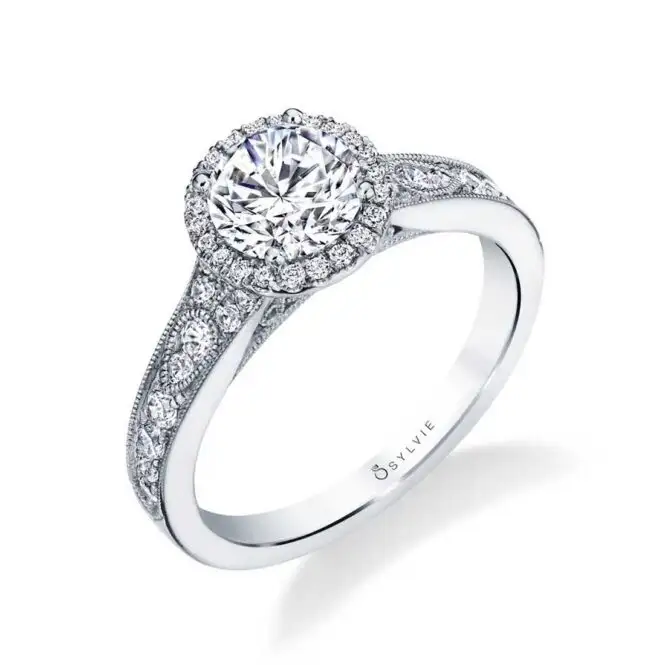 White Gold Round Cut Vintage Halo Engagement Ring Profile View