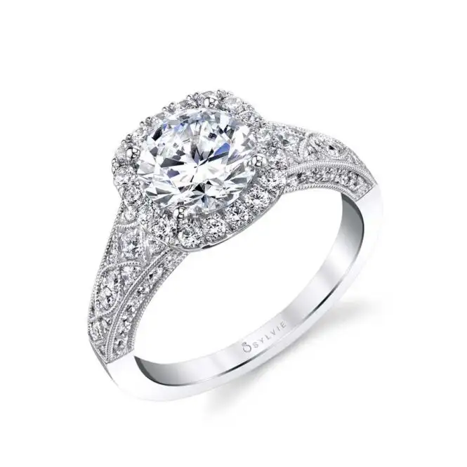 White Gold Round Cut Vintage Inspired Engagement Ring with Cushion Halo