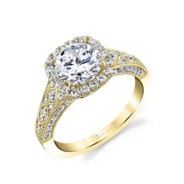 White Gold Round Cut Vintage Inspired Engagement Ring with Cushion Halo - Elodie