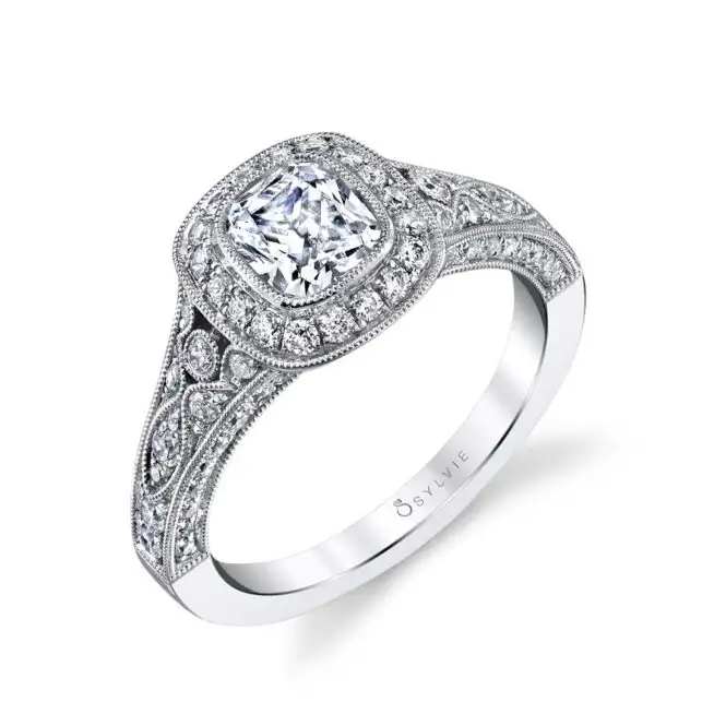 White Gold Cushion Cut Modern Vintage Bezel Engagement Ring Profile View