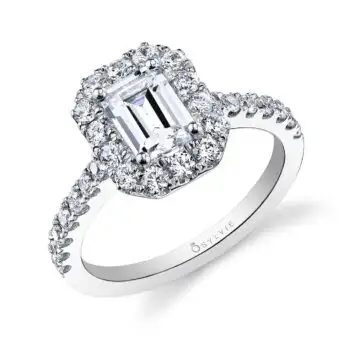 White Gold Emerald Cut Classic Halo Engagement Ring - Jacalyn