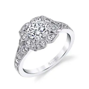 White Gold Round Cut Modern Vintage Floral Engagement Ring - Fleurette