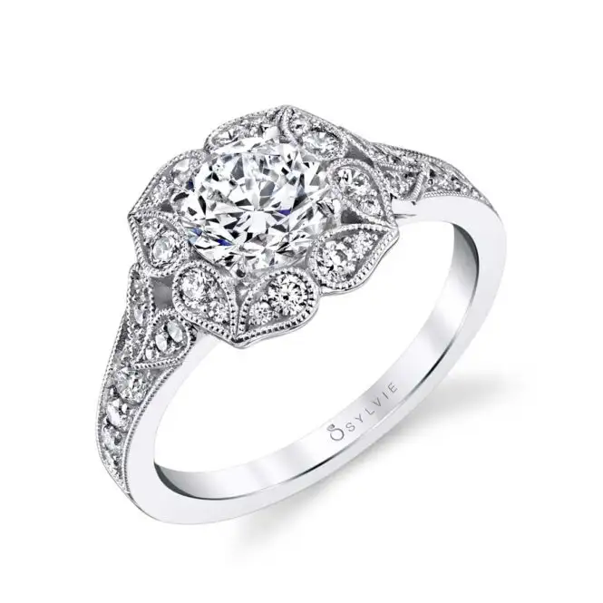 White Gold Round Cut Modern Vintage Floral Engagement Ring