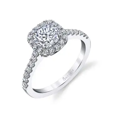 White Gold Round Cut Engagement Ring With Cushion Shaped Halo - Emma