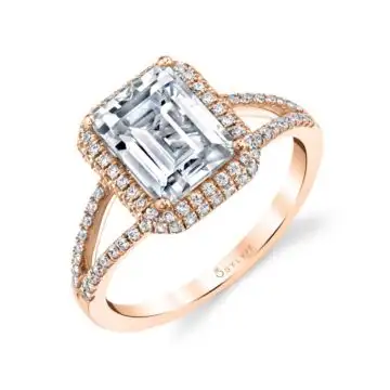 White Gold Emerald Cut Classic Double Halo Split Shank Engagement Ring - Clarinda