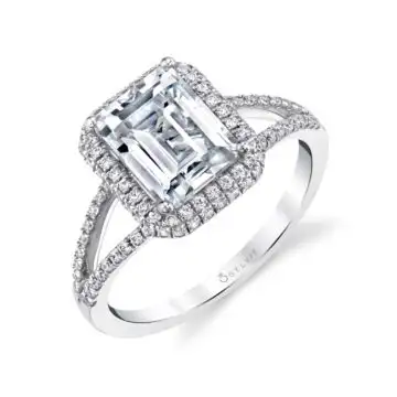 White Gold Emerald Cut Classic Double Halo Split Shank Engagement Ring - Clarinda