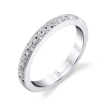 White Gold Vintage Inspired Stackable Wedding Band - Sybil