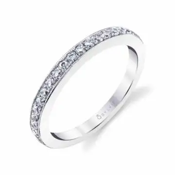 White Gold Round Cut Classic Wedding Band with Milgrain Edge -Yvette