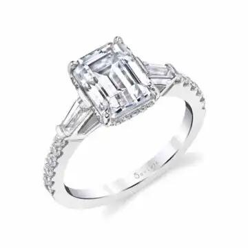 White Gold Emerald Cut Baguette 3 Stone Engagement Ring - Isla