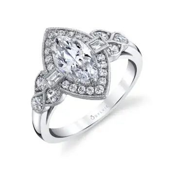 White Gold Marquise Cut Modern Vintage Engagement Ring - Francesca