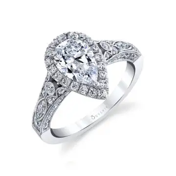 White Gold Pear Shaped Modern Vintage Halo Engagement Ring - Cheri