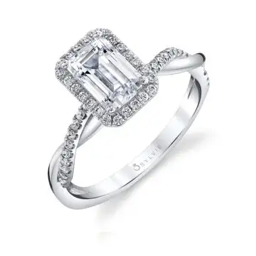 White Gold Emerald Cut Modern Halo Diamond Spiral Engagement Ring - Coralie