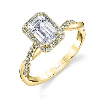 White Gold Emerald Cut Modern Halo Diamond Spiral Engagement Ring - Coralie