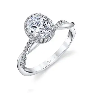 White Gold Oval Cut Modern Halo Diamond Spiral Engagement Ring - Coralie