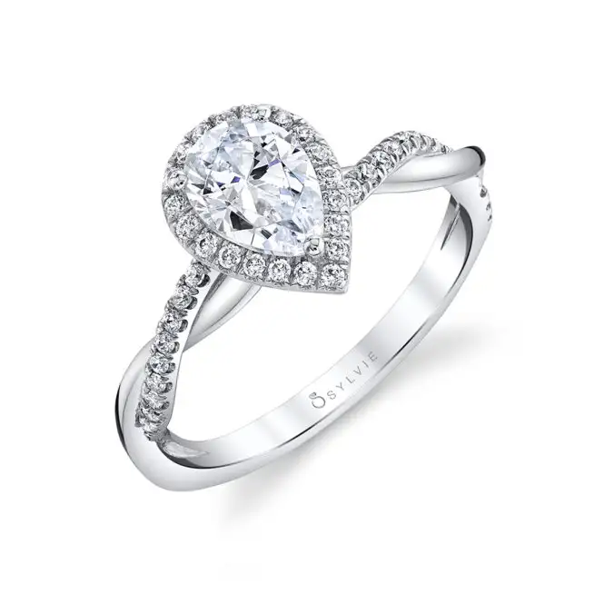 Pear Shaped White Gold Modern Halo Diamond Spiral Engagement Ring - Coralie