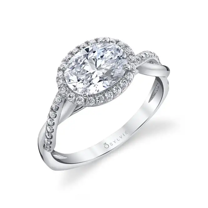 White Gold East-West Oval Engagement Ring with Halo