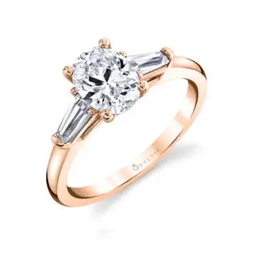 White Gold Oval Cut Three Stone Engagement Ring with Baguettes - Nicolette