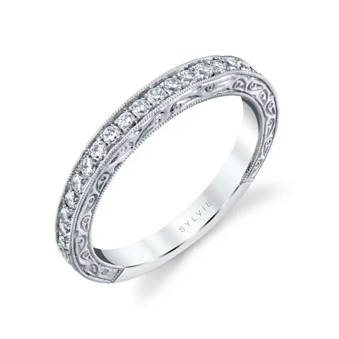 Round Cut Engraved Wedding Band - Geneva