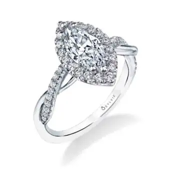 White Gold Marquise Cut Modern Halo Diamond Spiral Engagement Ring - Coralie