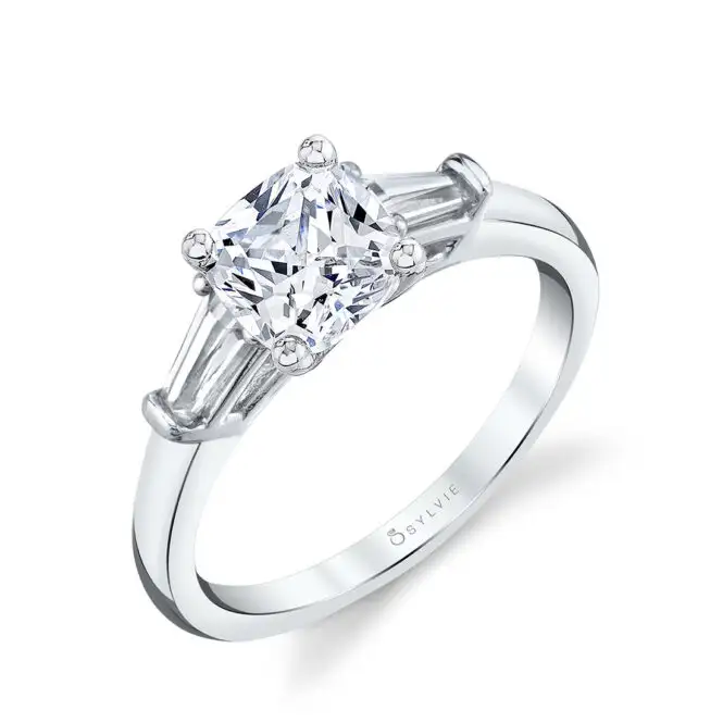 White Gold Cushion Cut Three Stone Engagement Ring with Baguettes