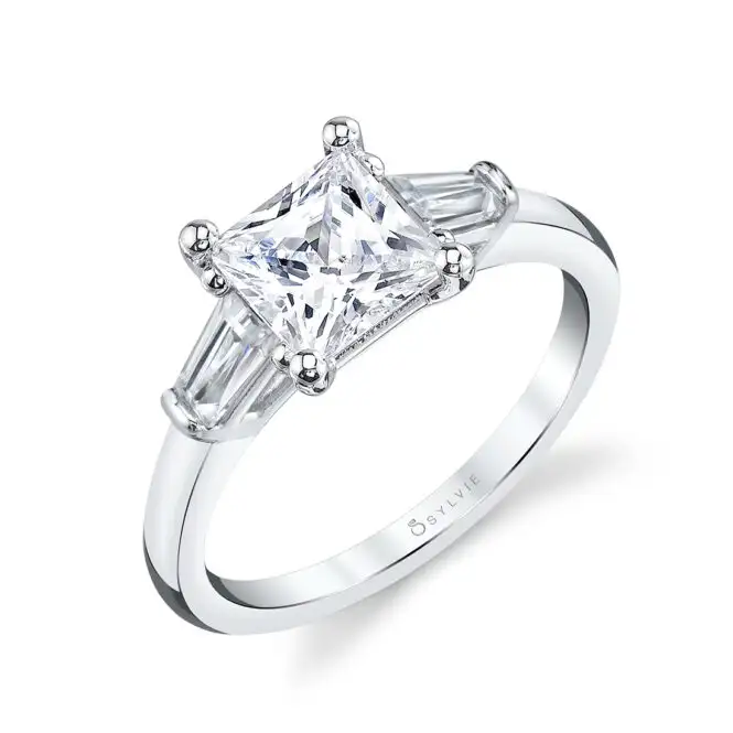 White Gold Princess Cut Three Stone Engagement Ring with Baguettes