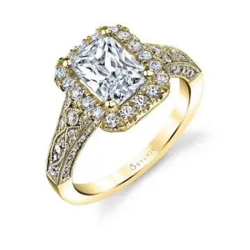 White Gold Emerald Cut Modern Vintage Halo Engagement Ring - Cheri