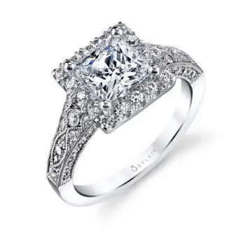 White Gold Princess Cut Modern Vintage Halo Engagement Ring - Cheri