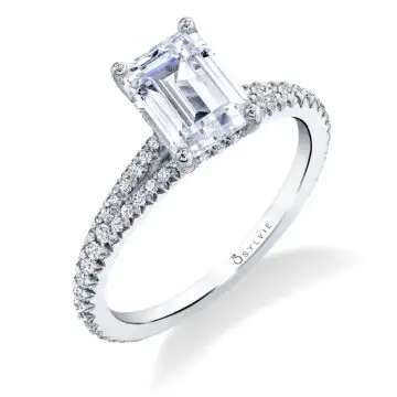 White Gold Emerald Cut Classic Split Shank Engagement Ring - Romane