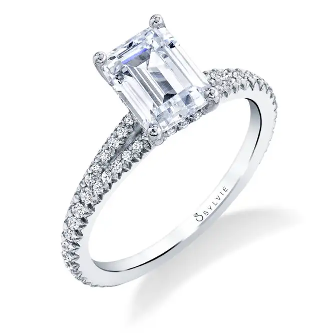 White Gold Emerald Cut Classic Split Shank Engagement Ring