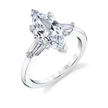 White Gold Marquise Cut Three Stone Engagement Ring with Baguettes - Nicolette