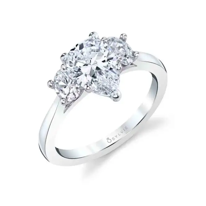 White Gold Pear Shape Three Stone Engagement Ring With Oval Side Stones