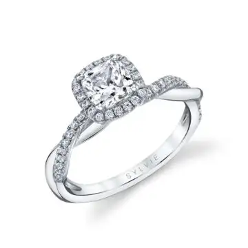 White Gold Cushion Cut Modern Halo Diamond Spiral Engagement Ring - Coralie