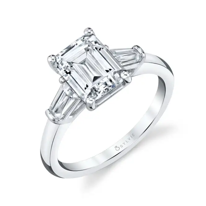 White Gold Emerald Cut Three Stone Engagement Ring with Baguettes