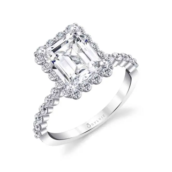 Emerald Cut White Gold Classic Halo Engagement Ring - Athena