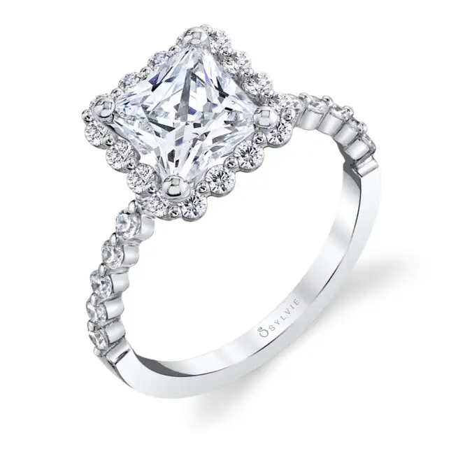 Princess Cut White Gold Classic Halo Engagement Ring - Athena