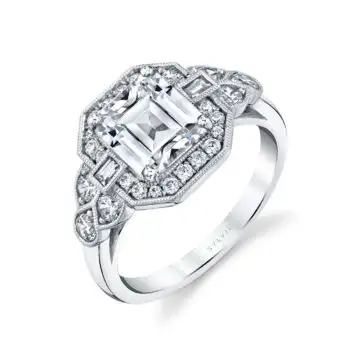 White Gold Emerald Cut Modern Vintage Engagement Ring - Francesca