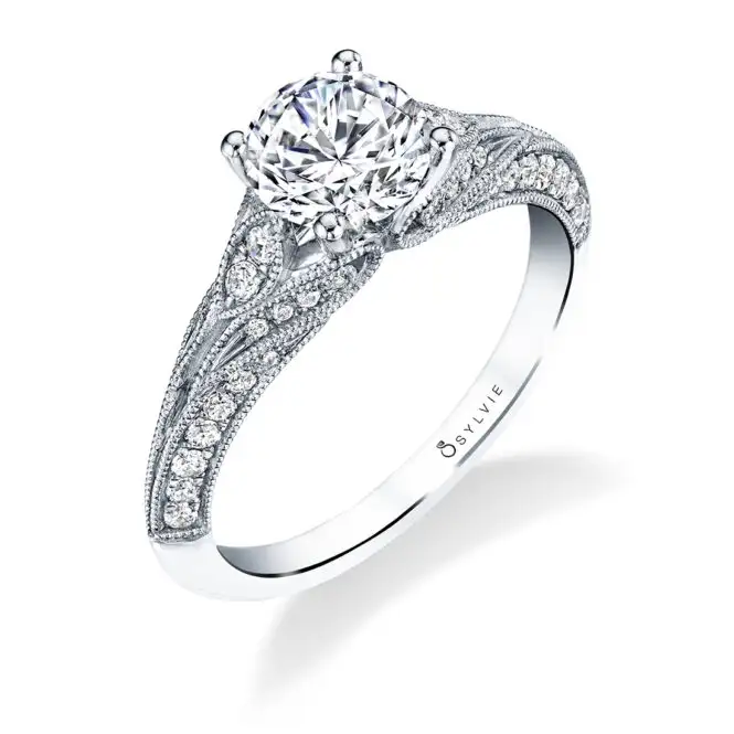 White Gold Round Cut Antique Engagement Ring Profile View