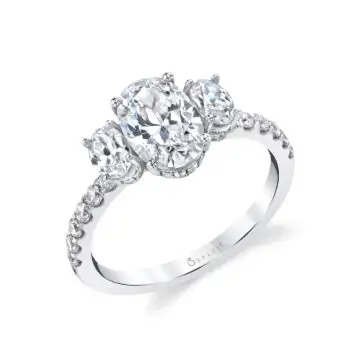 White Gold Oval Cut Three Stone Engagement Ring with Oval Sides - Tasya