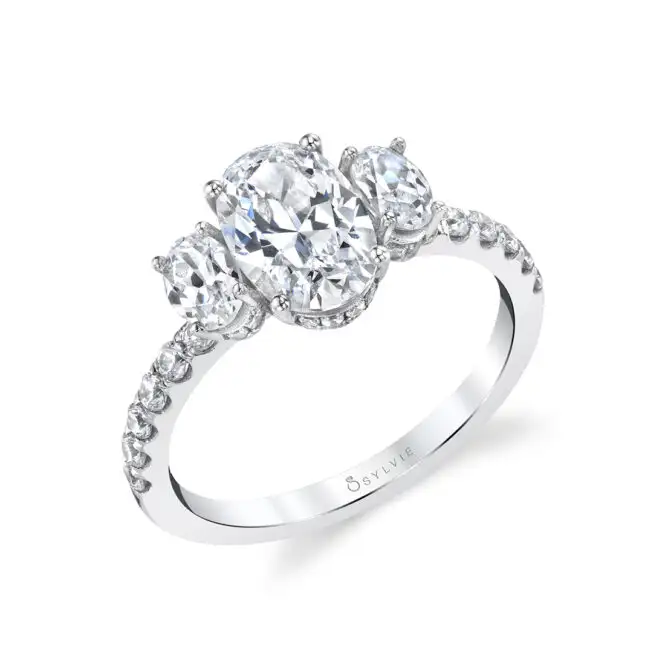 White Gold Oval Cut Three Stone Engagement Ring with Oval Sides