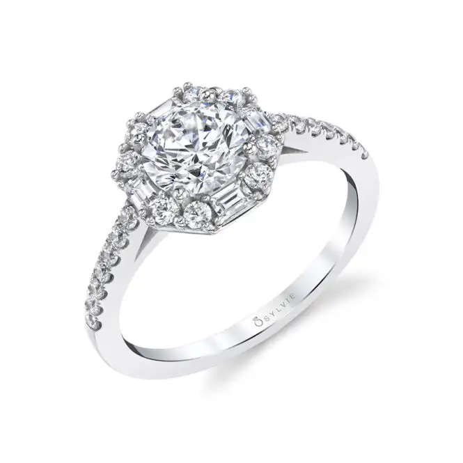 Round Cut White Gold With Baguette Halo Engagement Ring - Kira