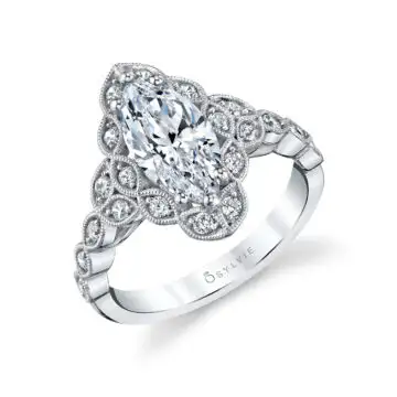 White Gold Marquise Cut Flower Engagement Ring - Jori