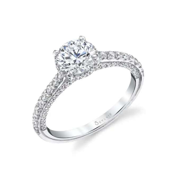 White Gold Round Cut Hidden Halo Engagement Ring with Diamond Profile